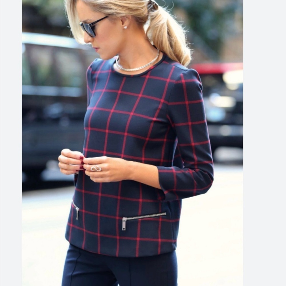 Zara Woman Large  Navy and Red Plaid Women's Blouse